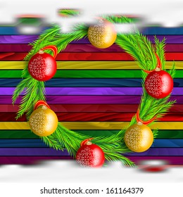 Christmas decoration on colorful wooden background . Christmas background. Background with Christmas balls, vector illustration. Card with Christmas balls