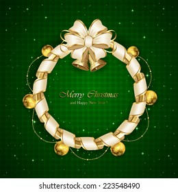 Christmas decoration on green background with bells and beige bow, illustration.