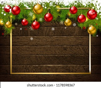 Christmas decoration on old grunge wooden board. Vector illustration