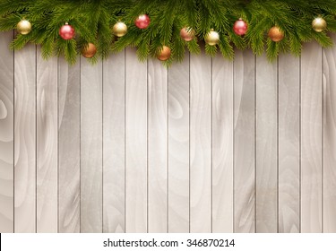 Christmas decoration on old wooden background. Vector