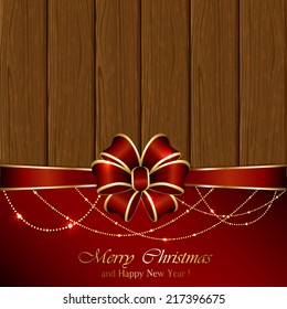 Christmas decoration on wooden background with red bow, illustration.