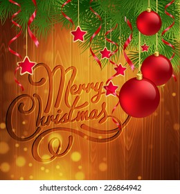 Christmas decoration on the wooden background. Vector background