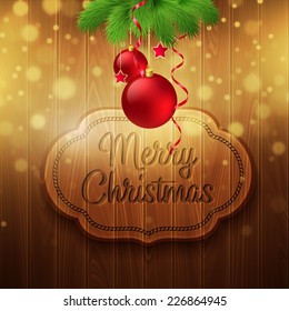 Christmas decoration on the wooden background. Vector background