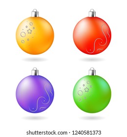 Christmas decoration orange purple green red balls set. Vector illustration.