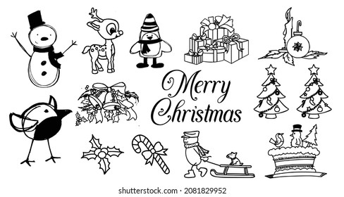 Christmas decoration and ornament black silhouette set isolated on white background - outline shapes of holiday tree, baubles and fairytale characters, vector illustration.