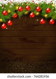 Christmas Decoration Over Wooden Background. Decorations over Wood. Vintage. Vector illustration