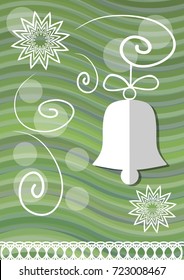 Christmas decoration with paper cut xmas symbols on green wavy background, christmas bell and lace stars, vector EPS 10