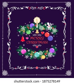 Christmas decoration with paper cutting conifer green branches garland, gold candle, angel, hanging colorful balls and jingle bells, cone and handmade paper snowflakes on violet background