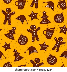 Christmas decoration of pattern from festive cookies with chocolate.  Seamless texture. Vector illustration