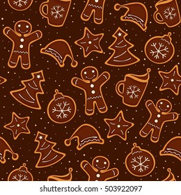 Christmas decoration of pattern from festive cookies with chocolate. Seamless texture. Vector illustration