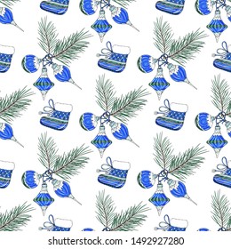 Christmas decoration pattern with fir branches, Christmas toys and boots. New Year holidays seamless vector hand-drawn background. Endless funny vector illustration.
