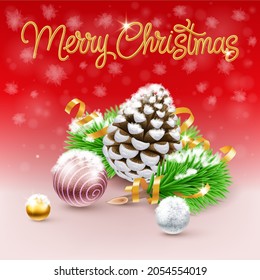 Christmas Decoration Pattern, or Party Invitation Template on Red Background. Composition of the Pine Cone, Branche of Spruce in the Snowflakes, Tinsel, and Sequins, New Years Balls