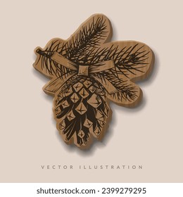 Christmas decoration pine cone, wooden toy, vector illustration. Design element for greeting card or invitation