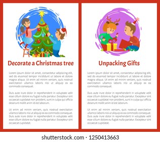 Christmas decoration of pine evergreen tree by people vector. Children unpacking  gifts, father and daughter with fir, putting baubles and toys on it