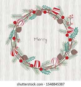 Christmas decoration with pine leaves and pine seed frame on white wood wallpaper background for decoration on Christmas holiday events.