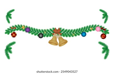 decoração de natal, pinheiro galho com sino e arco conjunto ilustração vetor isolado no fundo branco.