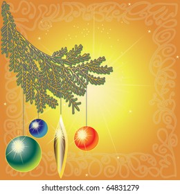 Christmas decoration with pine tree branch on vibrant pattern