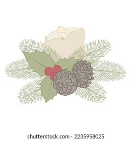 Christmas decoration, pine tree branches. fir cone, holly berry and candle