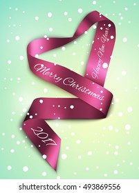 Christmas decoration of pink satin ribbon and snow