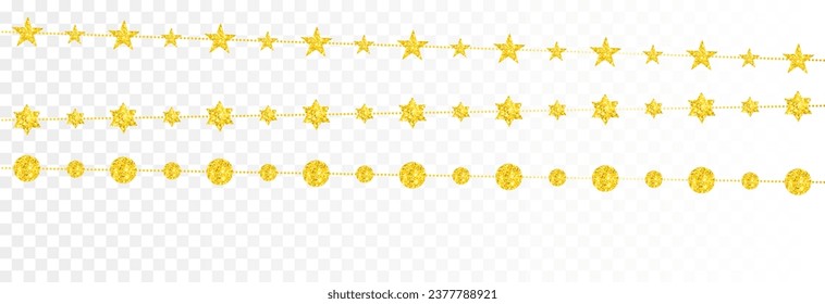 Christmas decoration png. Vector golden garland png. Garland with shiny toys. Gold decorations, sparkling toys.