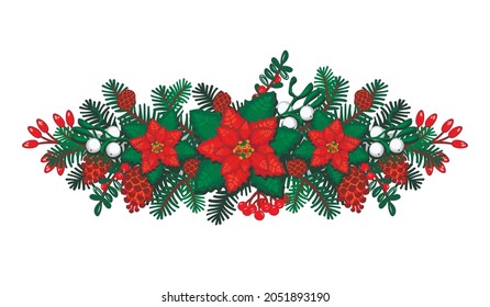 Christmas decoration with poinsettia, fir branches, pine cones, red berries and mistletoe isolated on white.Vector cartoon illustration.