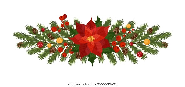 Christmas decoration with poinsettia, fir branches, pine cones, berries Christmas design for festive decoration. Vector illustration on white background