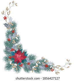 Christmas decoration with poinsettia flowers, spruce, mistletoe and holly. Vector illustration