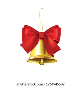 Christmas decoration realistic composition with isolated image of golden bell with red bow vector illustration