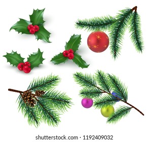 Christmas decoration. Realistic fir tree branches and red berries, holly leaves and christmas bauble. Winter holiday vector elements. Tree christmas branch, holly celebration traditional illustration