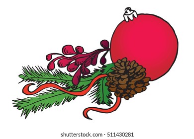Christmas decoration with red ball and pine cones. Hand drawn doodle vector, pop art, comic style illustration 