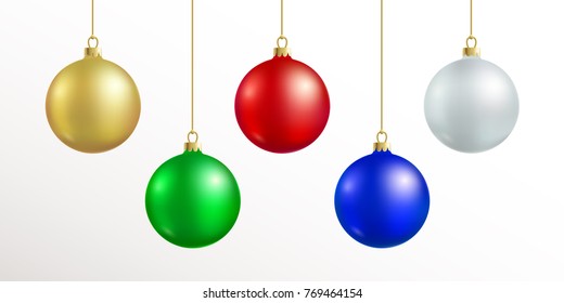 Christmas decoration. Red, blue, silver, gold, green color xmas ball hanging on gold string isolated on white background. Realistic sphere decor with shadow and light