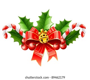 christmas decoration of red bow with gold bell and holly leaves vector illustration isolated on white background