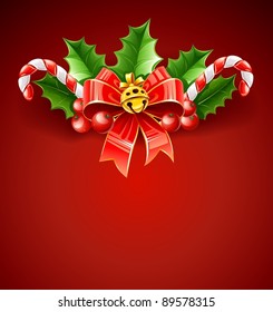 christmas decoration of red bow with gold bell and holly leaves vector illustration on red background