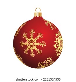 Christmas decoration red glass ball with snowflakes ornate. Festive design element for the winter holidays, events, discounts, and sales. Vector illustration.