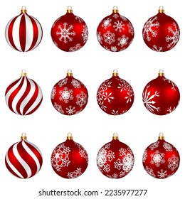 Weihnachtsdekoration roter Glaskugel mit Schneeflocken verziert. Festliches Design für die Winterferien, Events, Rabatte und Verkäufe. Vektorgrafik.