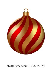 Christmas decoration red glass ball with golden snowflakes ornate. Festive design element for the winter holidays, events, discounts, and sales. Vector illustration.
