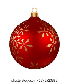 Christmas decoration red glass ball with golden snowflakes ornate. Festive design element for the winter holidays, events, discounts, and sales. Vector illustration.