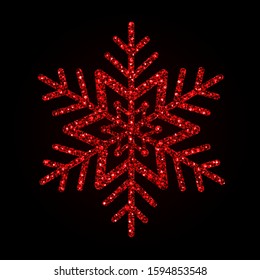 Christmas decoration. Red glitter snowflake texture isolated on black background. Vector illustration