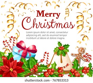 Christmas decoration red poinsettia mistletoe with green leaves gingerbread orange slice cane stick and blue box with red bow vector illustration isolated on white background with place for your text.