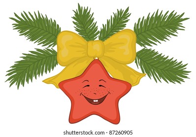 Christmas decoration: red star - smiley, yellow bow and green fir branches. Vector