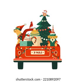 Christmas Decoration in Red Truck Cute Vector illustration  Cute dogs in Elf costumes deliver Christmas tree present gift boxes by red truck cartoon design element  New Year Winter holidays background