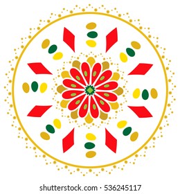 Christmas decoration round shape on white background. Ornament with stylized flower, geometric shapes and stars different sizes. Festive design element.
