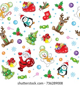 Christmas decoration and Santa Claus, and snowman, and deer seamless pattern on a white background