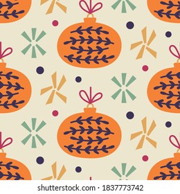 Christmas decoration seamless pattern. 1950 retro style baubles. Mid century texture, vintage scandinavian style. Gift card, wrapping paper, festive banner, poster design. Vector illustration