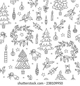 Christmas decoration seamless pattern. Background with graphic elements. Toys, candles, engraving fur-trees, deer and bells. New Year vector. 