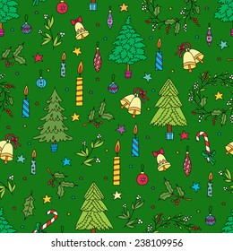 Christmas decoration seamless pattern. Background with graphic elements. Toys, candles, engraving fur-trees, deer and bells. New Year vector. 