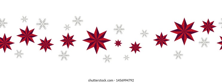 Christmas decoration seamless pattern. New Year border red stars and silver snowflakes on white background. Vector illustration.