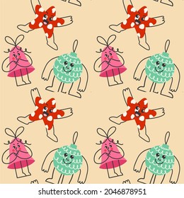 Christmas decoration seamless pattern in retro style. Lovely faces, emotions. New Year's mood, holiday.