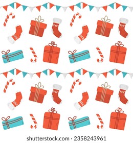 Christmas decoration seamless pattern with socks, paper garland, present and candy. Vector illustration.
