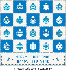 Christmas decoration set of 20 Balls. Nordic Scandinavian style. Blue & broken white pixel images with background. Vector eps file.